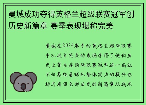 曼城成功夺得英格兰超级联赛冠军创历史新篇章 赛季表现堪称完美