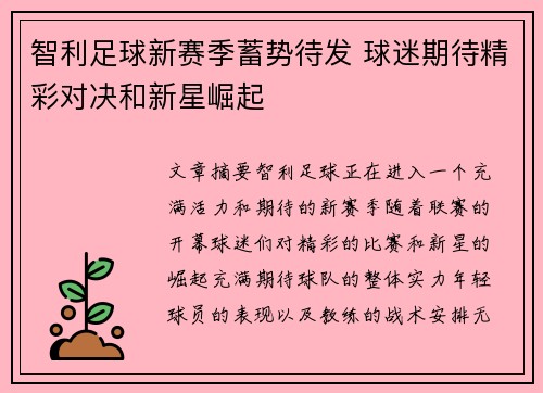 智利足球新赛季蓄势待发 球迷期待精彩对决和新星崛起
