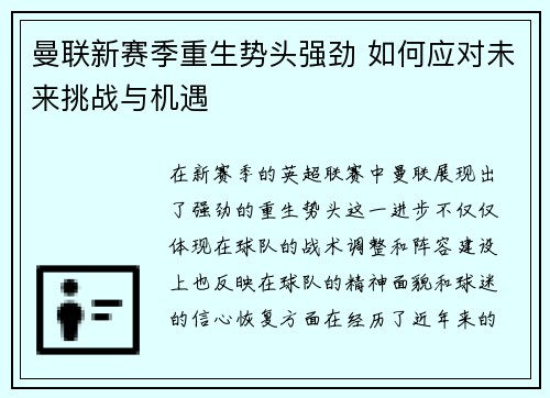 曼联新赛季重生势头强劲 如何应对未来挑战与机遇