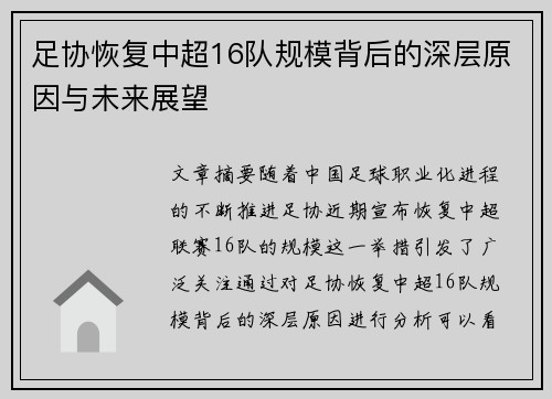 足协恢复中超16队规模背后的深层原因与未来展望